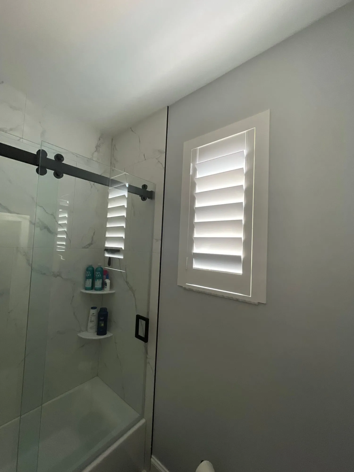 Moisture-rated shutter above a marble walk-in shower